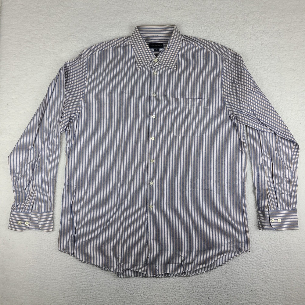 Scott Barber Shirt Mens XL Blue Brown Striped Geometric Cotton Dress Button Down